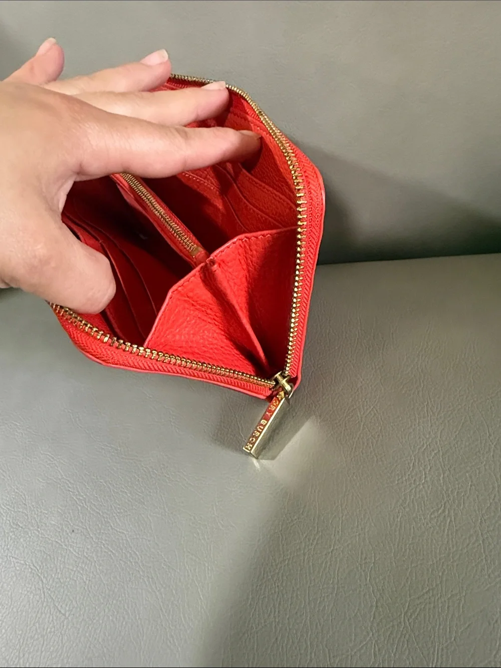 Tory Burch orange Pebbled Leather Zip Wallet with Gold Logo